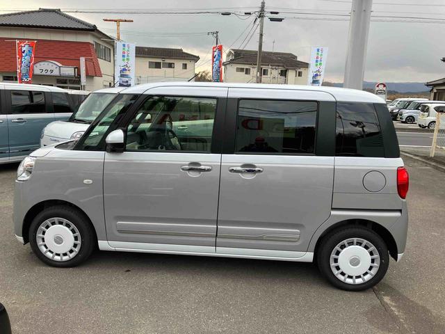 ムーヴキャンバスストライプスGターボ 届出済未使用車2WD CVT 660cc クルーズコントロール 衝突被害軽減ブレーキ 横滑り防止装置 ABS アイドリングストップ プッシュボタンスタート スマートキー 両側電動スライドドア 届出済未使用車(福島県)の中古車