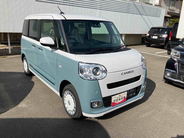 ムーヴキャンバスストライプスG 届出済未使用車2WD CVT 660cc 衝突被害軽減ブレーキ 横滑り防止装置 ABS サイドエアバッグ アイドリングストップ プッシュボタンスタート 両側電動スライドドア ディスプレイオーディオ 届出済未使用車(福島県)の中古車