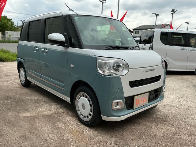 ムーヴキャンバスストライプスGターボ 走行2226キロ/両側電動スライドドア一年保証 走行距離無制限 距離2226キロ 全周囲カメラ クリアランスソナー オートライト LEDヘッドライト LEDフォグランプ シートヒーター 両側電動スライドドア(埼玉県)の中古車