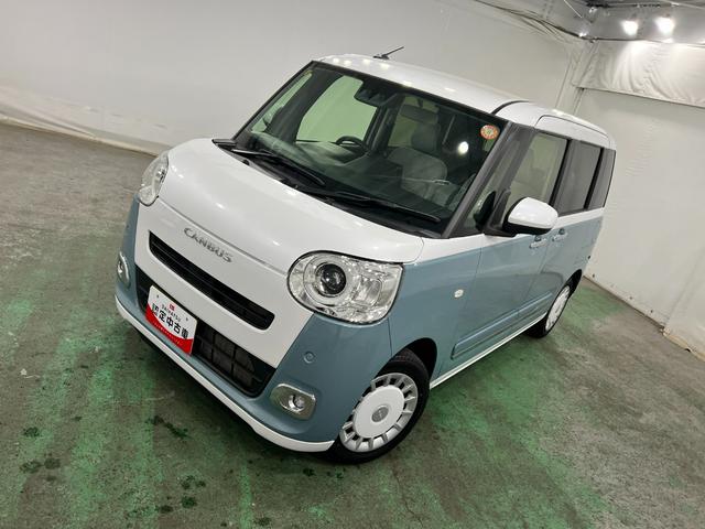ムーヴキャンバスストライプスＧターボ　走行１４９５９キロ／ＬＥＤヘッドランプ１年保証距離無制限　走行距離１４９５９キロ　純正マット　サイドエアバッグ　ＬＥＤヘッドランプ　アイドリングストップ　シートヒーター　両側電動スライドドア　電動パーキングブレーキ　オート格納式ドアミラー（東京都）の中古車