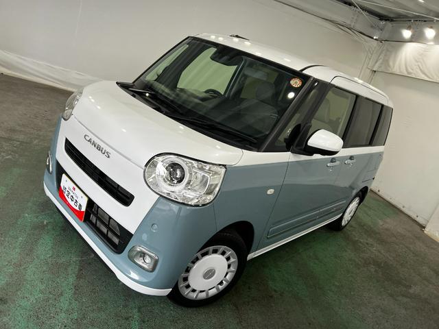 ムーヴキャンバスストライプスG 雹害/車検整備付/走行12746キロ1年保証距離無制限 走行距離12746キロ 純正マット サイドエアバッグ LEDヘッドランプ アイドリングストップ シートヒーター 両側スライドドア オート格納式ドアミラー 電動パーキングブレーキ(埼玉県)の中古車