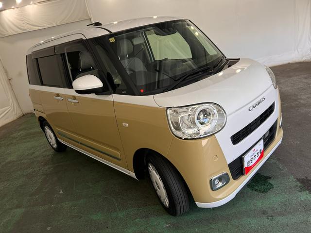 ムーヴキャンバスストライプスGターボ 走行16764キロ/全周囲C/ドラレコ1年保証距離無制限 走行16764キロ ディスプレイオーディオ パノラマモニター ドラレコ 純正マット サイドエアバッグ LEDヘッドランプ アイドリングストップ シートヒーター 両側電動スライドドア(埼玉県)の中古車
