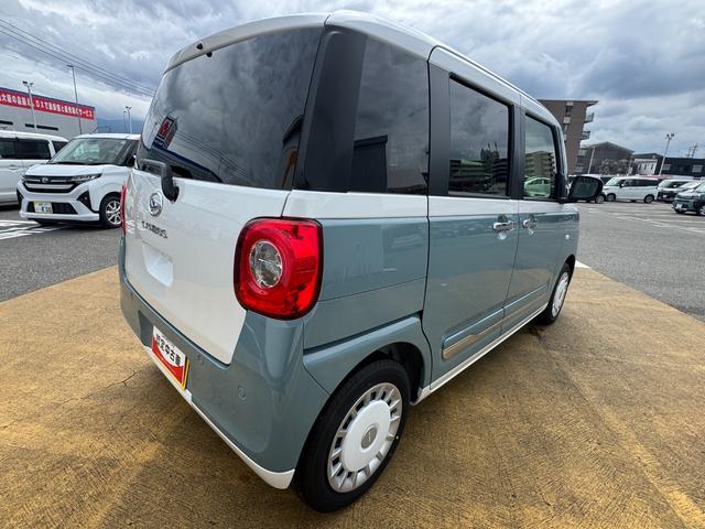ムーヴキャンバスストライプスＧターボ新車保証継承付　弊社デモカーＵＰ車　オーディオレス　バックカメラ付　スマートキー　両側電動スライドドア　衝突軽減ブレーキ　横滑り防止装置　アイドリングストップ　クリアランスソナー（福岡県）の中古車