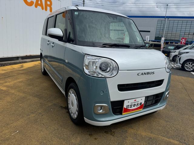 ムーヴキャンバスストライプスＧターボ新車保証継承付　弊社デモカーＵＰ車　オーディオレス　バックカメラ付　スマートキー　両側電動スライドドア　衝突軽減ブレーキ　横滑り防止装置　アイドリングストップ　クリアランスソナー（福岡県）の中古車