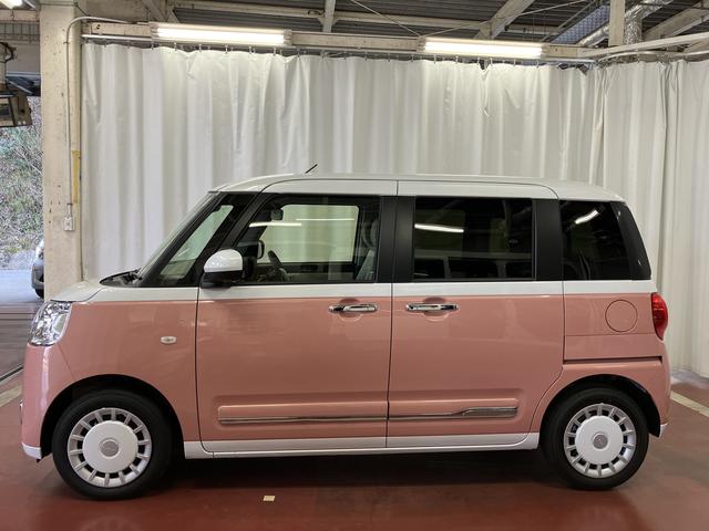 ムーヴキャンバスストライプスＧ届出済未使用車　展示車　ワンオーナー車　禁煙　アイドリングストップ　衝突被害軽減装置　盗難防止　スマートキー　ＬＥＤ　シートヒーター　オートライト　点検記録簿　衝突安全ボディ　両側電動スライドドア（長崎県）の中古車