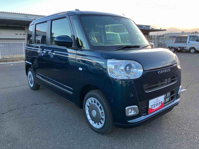 ムーヴキャンバスセオリーＧ　届出済未使用車２ＷＤ　ＣＶＴ　６６０ｃｃ　両側電動スライドドア　衝突被害軽減ブレーキ　横滑り防止装置　ＡＢＳ　サイドエアバッグ　アイドリングストップ　プッシュボタンスタート　全席シートヒーター　届出済未使用車（福島県）の中古車