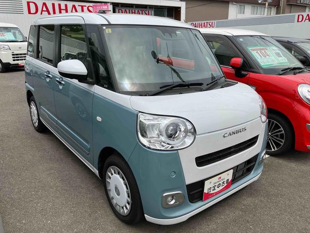 ムーヴキャンバスストライプスＧターボ２ＷＤ　ＣＶＴ　６６０ｃｃ　クルーズコントロール　衝突被害軽減ブレーキ　横滑り防止装置　ＡＢＳ　アイドリングストップ　プッシュボタンスタート　電動スライドドア　前席シートヒーター　ホットカップホルダー（福島県）の中古車