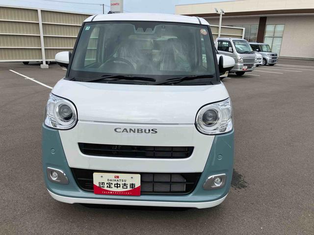 ムーヴキャンバスストライプスＧ２ＷＤ　ＣＶＴ　６６０ｃｃ　ナビ　全方位モニター　前席シートヒーター　両側電動スライドドア　衝突被害軽減ブレーキ　横滑り防止装置　ＡＢＳ　アイドリングストップ　プッシュボタンスタート　届出済未使用車（福島県）の中古車