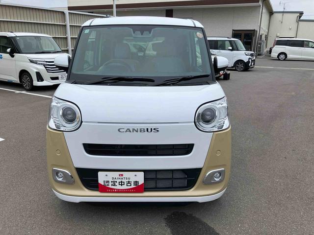 ムーヴキャンバスストライプスG2WD CVT 660cc 衝突被害軽減ブレーキ 横滑り防止機能 前席シートヒーター 電動パーキングブレーキ 両側電動スライドドア プッシュボタンスタート オートライト LEDヘッドライト(福島県)の中古車