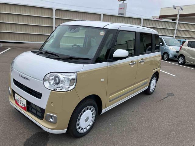 ムーヴキャンバスストライプスG2WD CVT 660cc 衝突被害軽減ブレーキ 横滑り防止機能 前席シートヒーター 電動パーキングブレーキ 両側電動スライドドア プッシュボタンスタート オートライト LEDヘッドライト(福島県)の中古車