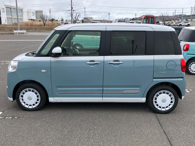 ムーヴキャンバスストライプスGターボ 届出済未使用車2WD CVT 660cc ターボ 衝突被害軽減ブレーキ 横滑り防止装置 ABS アイドリングストップ プッシュボタンスタート 両側電動スライドドア クルーズコントロール 届出済未使用車(福島県)の中古車