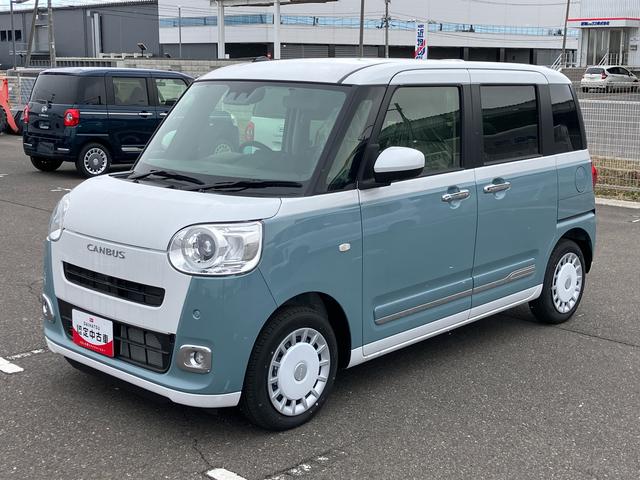 ムーヴキャンバスストライプスGターボ 届出済未使用車2WD CVT 660cc ターボ 衝突被害軽減ブレーキ 横滑り防止装置 ABS アイドリングストップ プッシュボタンスタート 両側電動スライドドア クルーズコントロール 届出済未使用車(福島県)の中古車