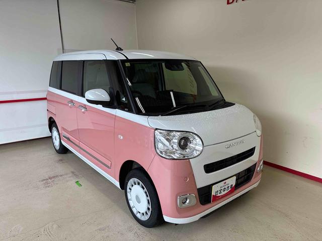 ムーヴキャンバスストライプスＧターボ４ＷＤ　スマアシ（衝突安全防止機能）　純正ディスプレイオーディオ　全周囲カメラ　両側パワースライドドア　クルーズコントロール　オートエアコン／ライト　ＬＥＤヘッド／フォグランプ　ワイヤレス充電機能（秋田県）の中古車