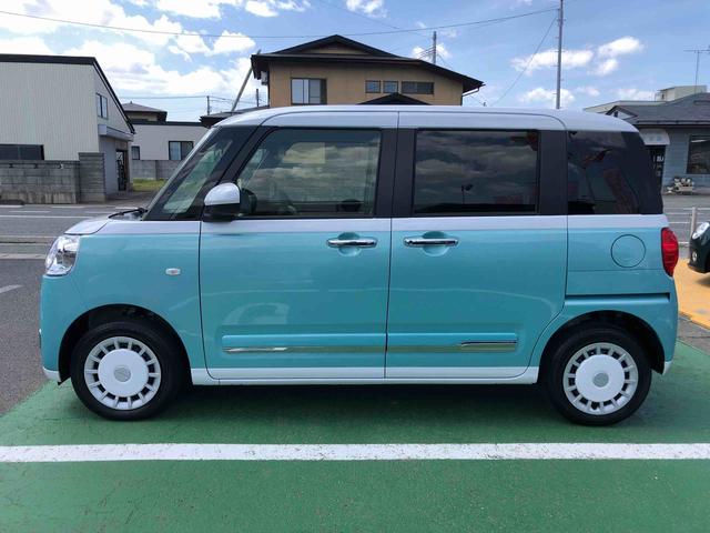 ムーヴキャンバスストライプスG 4WD 走行距離9299km4WD スマートアシスト 14インチフルホイールキャップ プッシュボタンスタート 電動パーキングブレーキ ステアリングスイッチ(山形県)の中古車