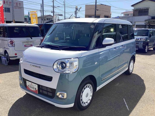 ムーヴキャンバスストライプスGターボターボ車 インパネシフト プッシュスタートスイッチ 電子カードキー 電動パーキングブレーキ 衝突軽減ブレーキ レーンアシスト オートマチックハイビーム ABS 両側パワースライドドア(鹿児島県)の中古車