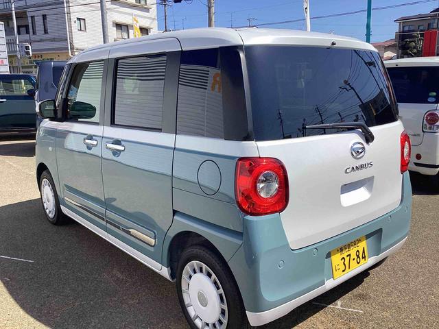 ムーヴキャンバスストライプスGターボターボ車 インパネシフト プッシュスタートスイッチ 電子カードキー 電動パーキングブレーキ 衝突軽減ブレーキ レーンアシスト オートマチックハイビーム ABS 両側パワースライドドア(鹿児島県)の中古車