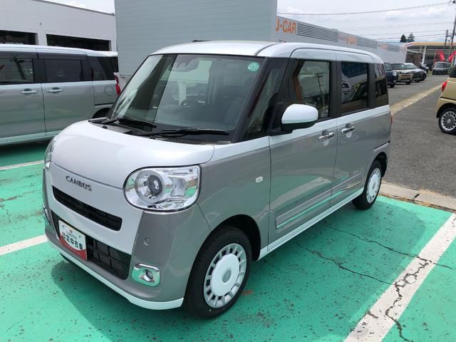 ムーヴキャンバスストライプスＧ　４ＷＤ　走行２０００ｋｍ・両側パワスラ４ＷＤ　スマートアシスト　ステアリングスイッチ　オートエアコン　電動パーキングブレーキ　ＬＥＤフォグランプ　キーフリーシステム　プッシュボタンスタート　両側パワースライドドア　コーナーセンサー（山形県）の中古車