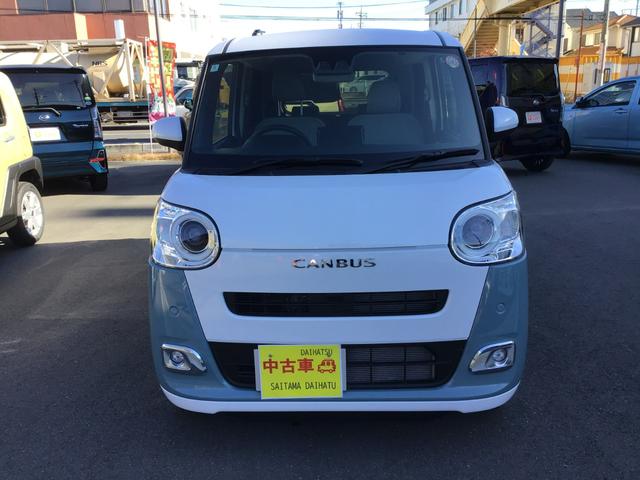 ムーヴキャンバスストライプスG LEDヘッドランプ/シートヒーター/マット1年保証距離無制限 純正マット サイドエアバッグ LEDヘッドランプ アイドリングストップ シートヒーター 両側電動スライドドア プッシュボタンスタート キーフリー(埼玉県)の中古車